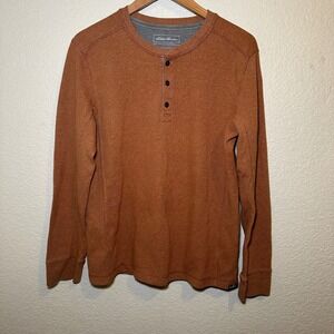 Eddie Bauer Men L Henley Top Waffle Knit Long Sleeve Orange Gorpcore Outdoor Y2K